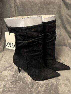 Zara Black Pointed-Toe Slouchy Mid-Calf Heeled Boots